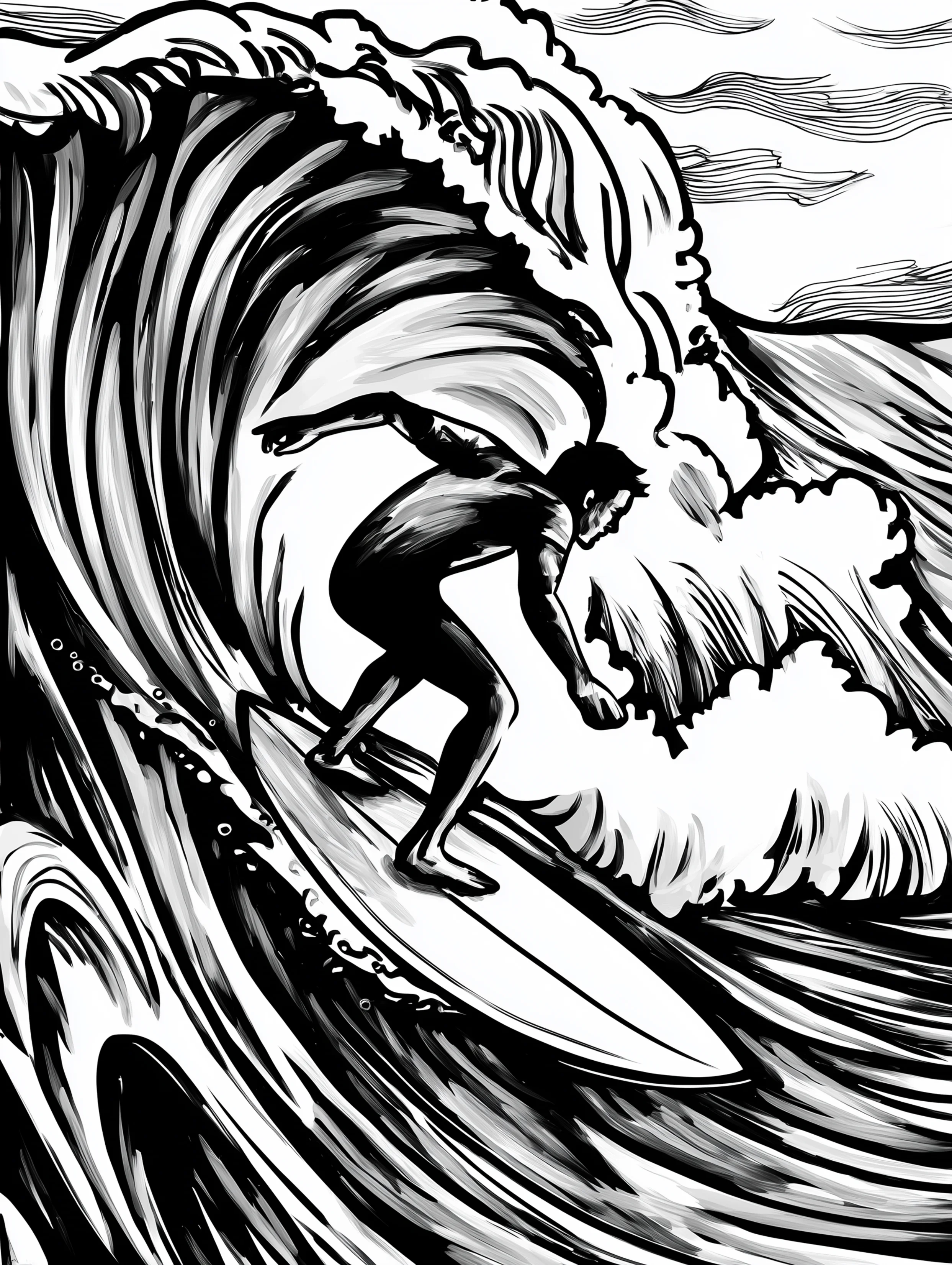 Free printable summer coloring page for adults featuring a surfer shredding the surf